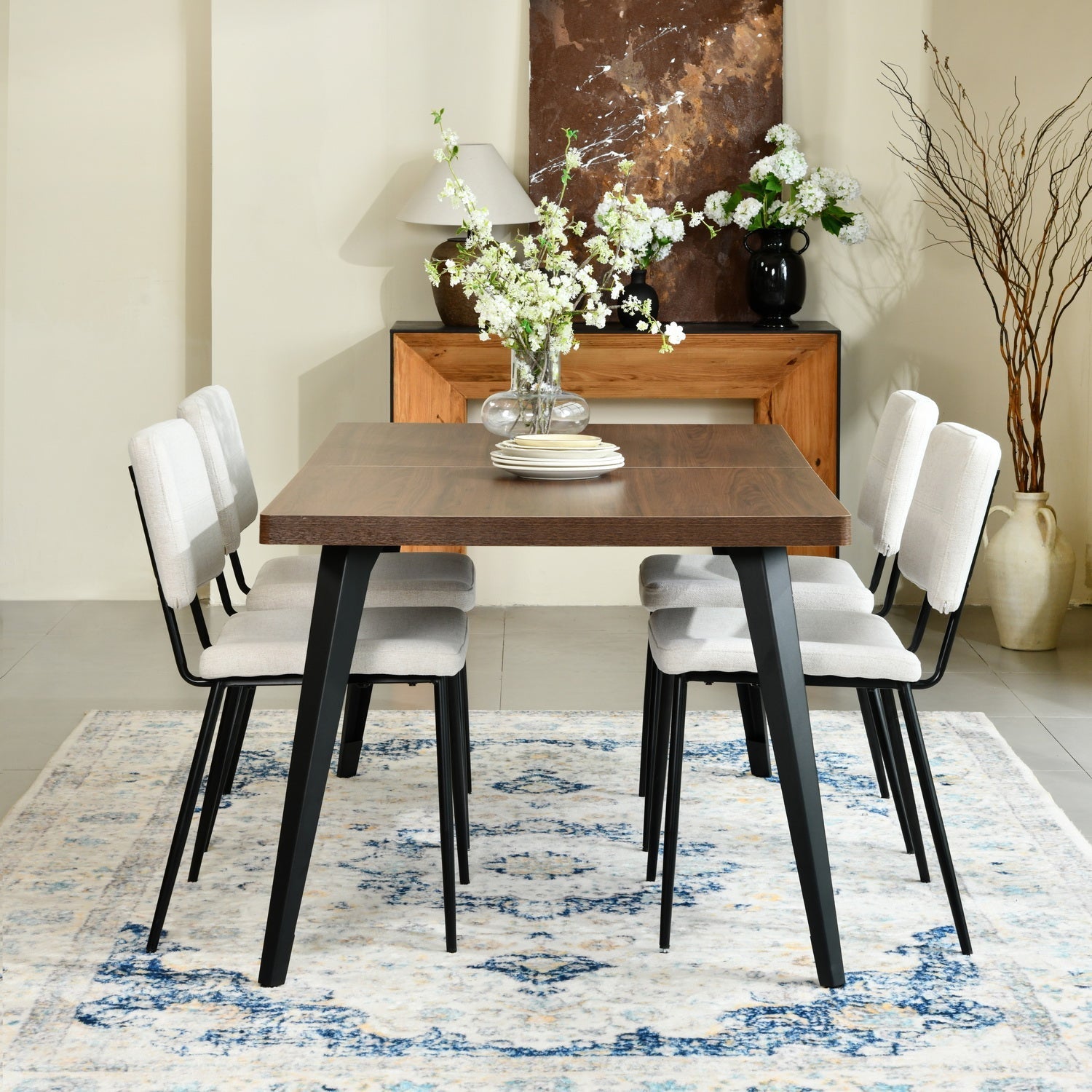 Modern 5-Piece Dining Set with Beige Upholstered Chairs by 39F INC.
