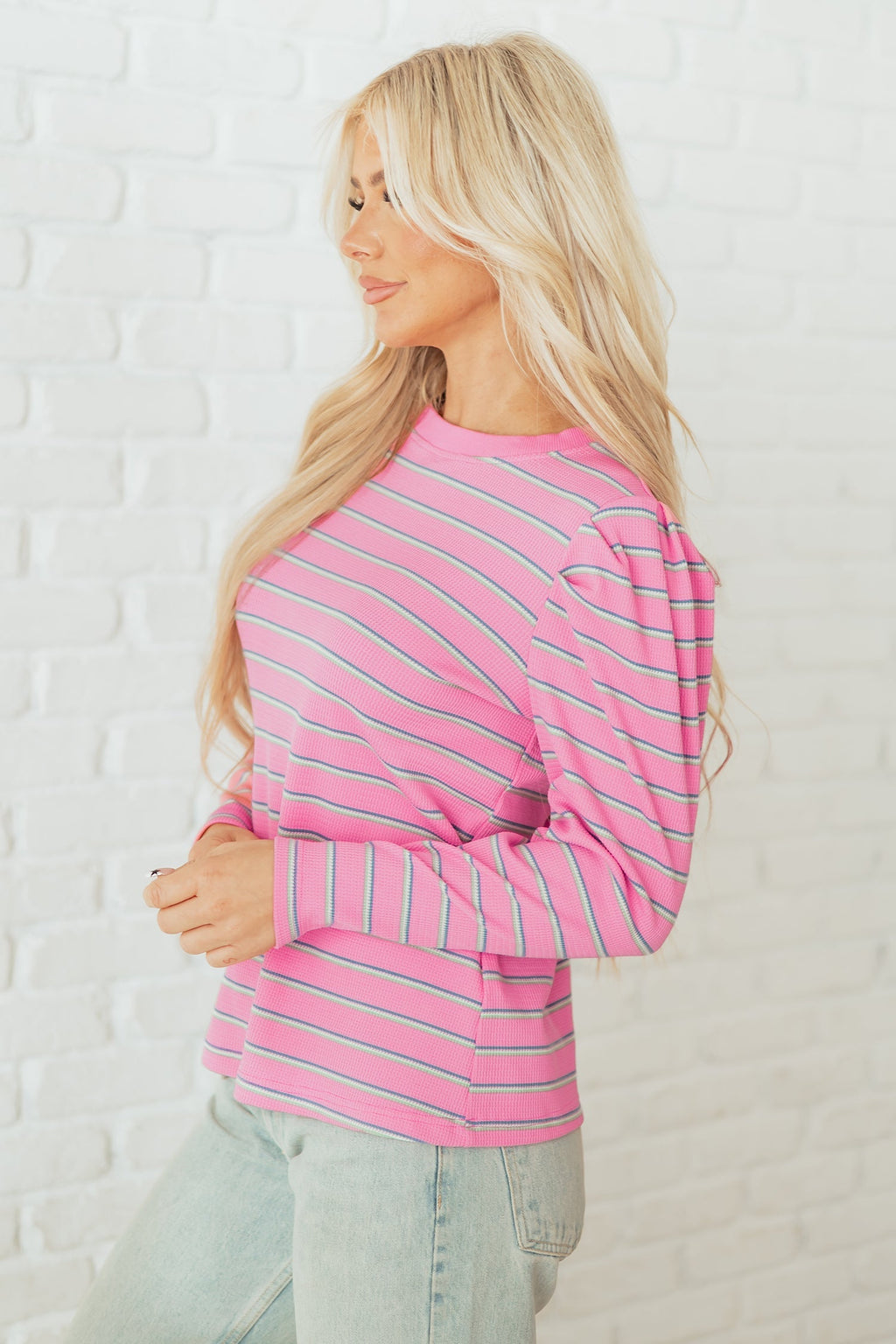 Giana Stripe Textured Knit Long Sleeve Top by Threaded Pear