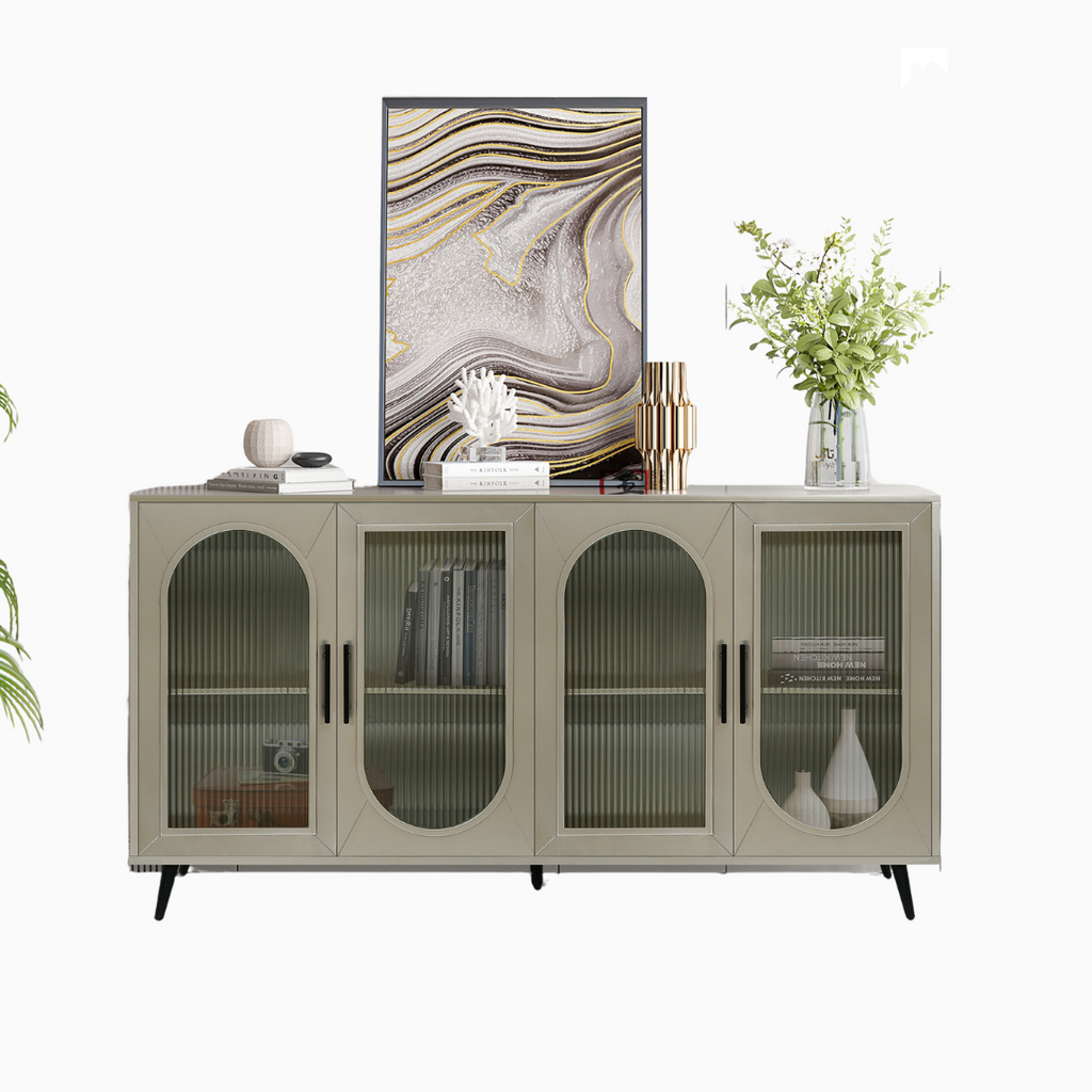 Wood TV Stand With Storage Cabinet & Adjustable Shelves