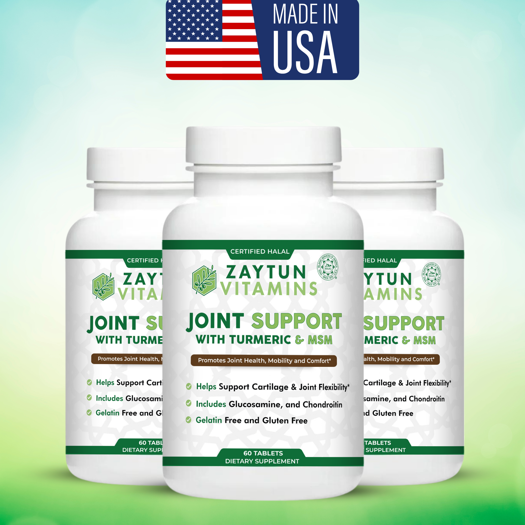 Halal Joint Support With Glucosamine + Turmeric + MSM Tablets (3-Pack)