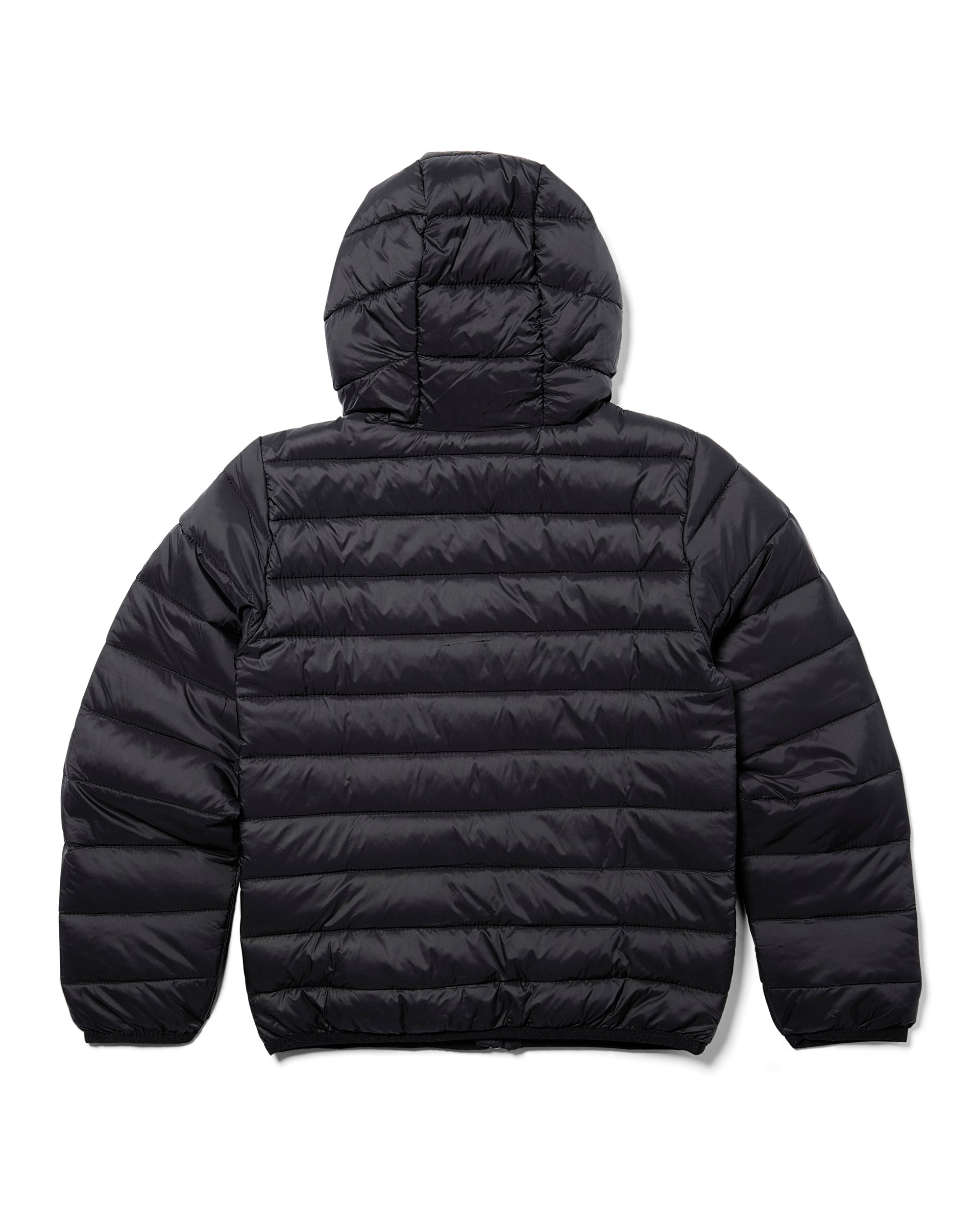 Black puffer jacket with a hood on a white background