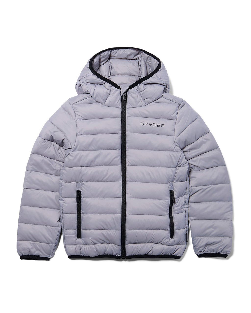 Gray puffer jacket with black accents on a white background