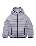 Gray puffer jacket with black accents on a white background