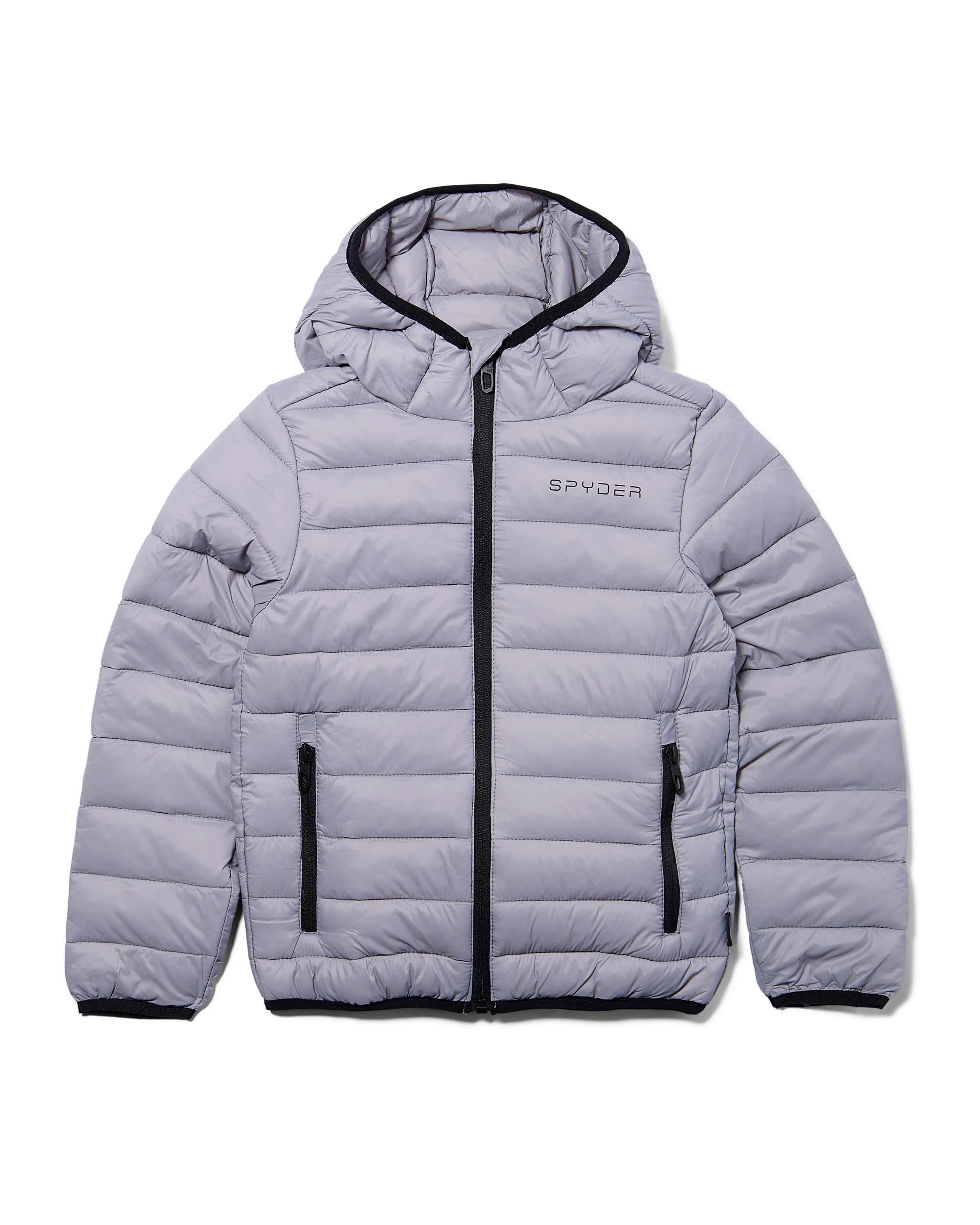 Gray puffer jacket with black accents on a white background