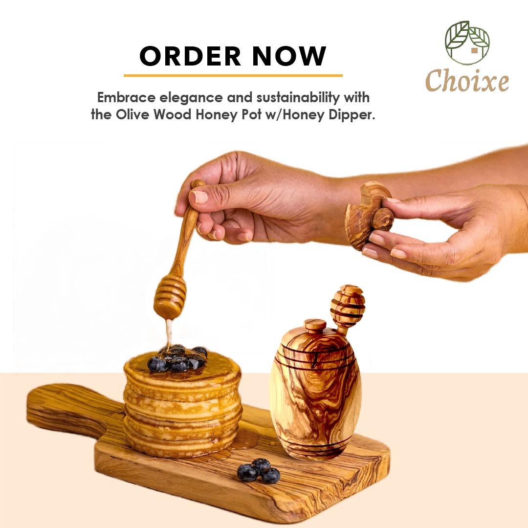 Olive Wood Honey Pot W/Honey Dipper