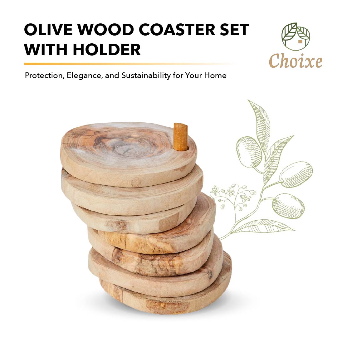 Olive Wood Coaster Set With Holder -7 Pcs