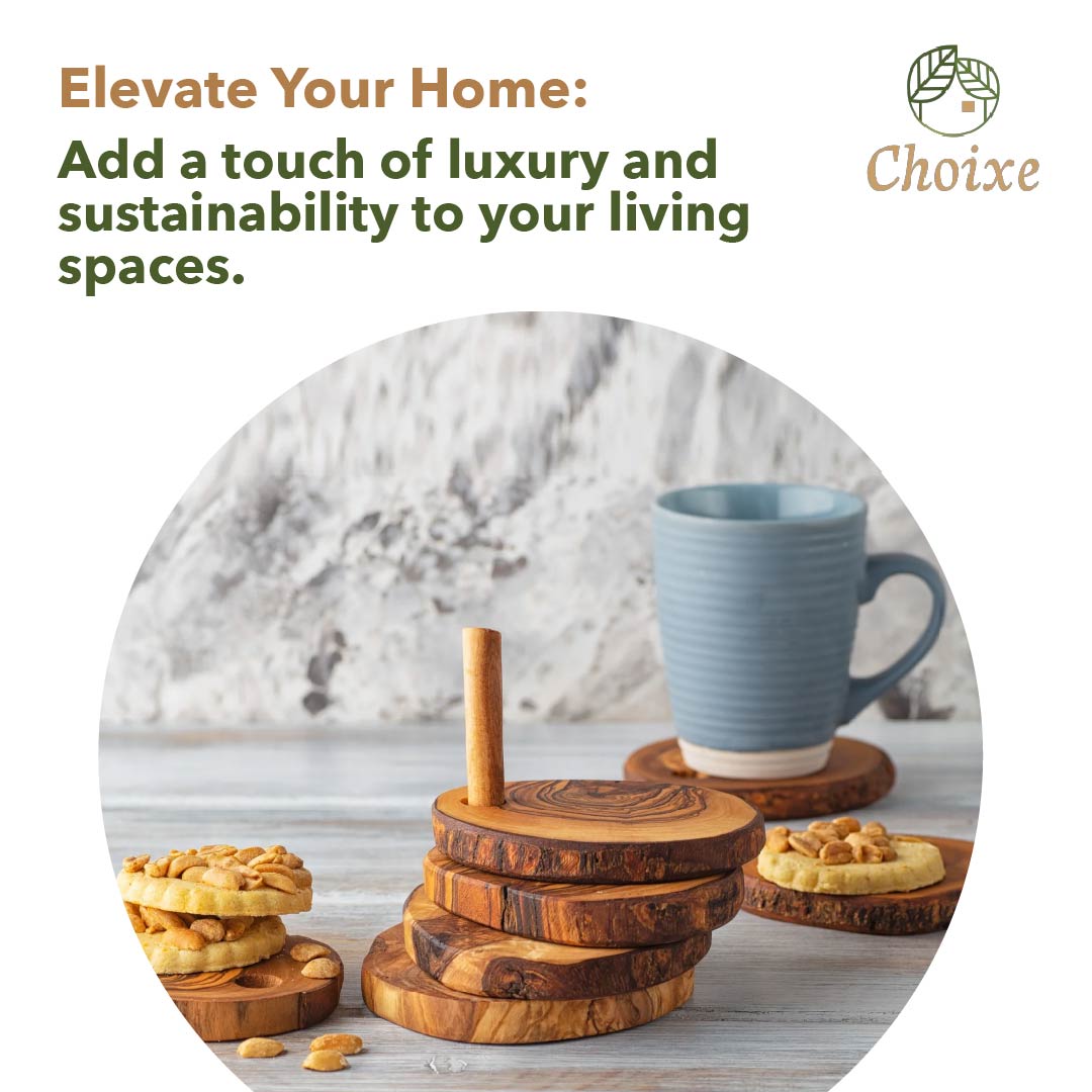 Olive Wood Coaster Set With Holder -7 Pcs