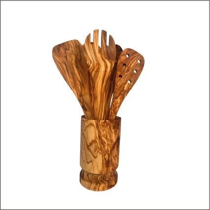 Olive Wood Kitchen Servers Set W/Holder -6 Pcs