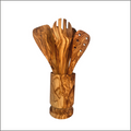 Olive Wood Kitchen Servers Set W/Holder -6 Pcs