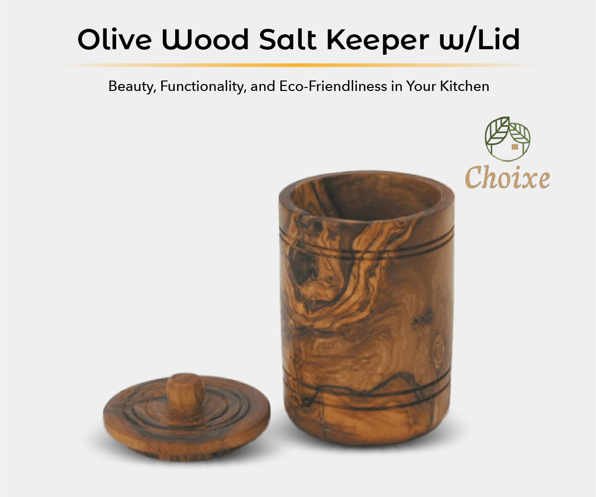 Olive Wood Spice Jar Salt Keeper W/Lid