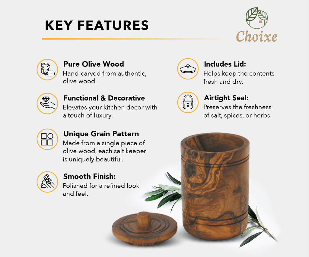 Olive Wood Spice Jar Salt Keeper W/Lid