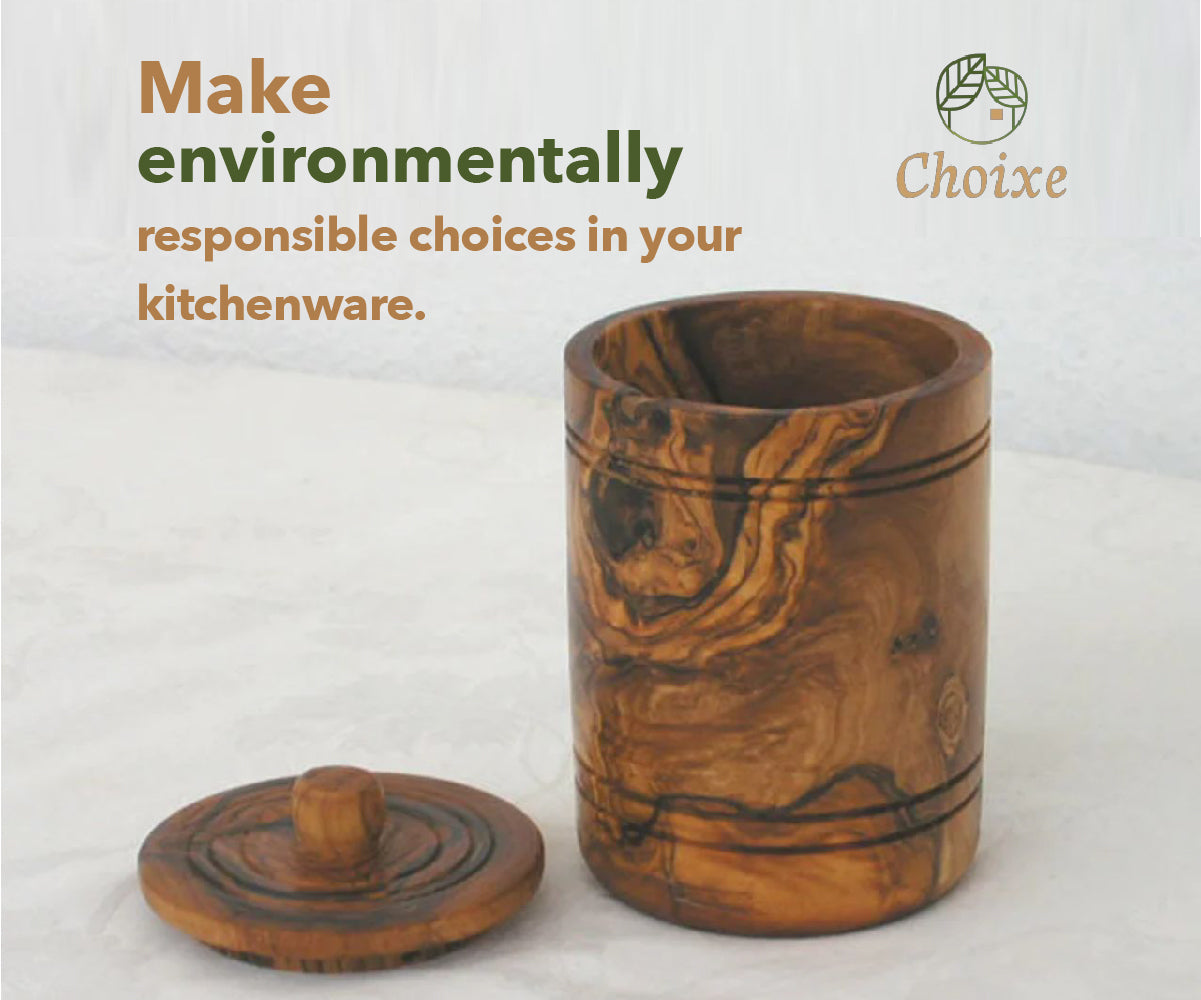 Olive Wood Spice Jar Salt Keeper W/Lid