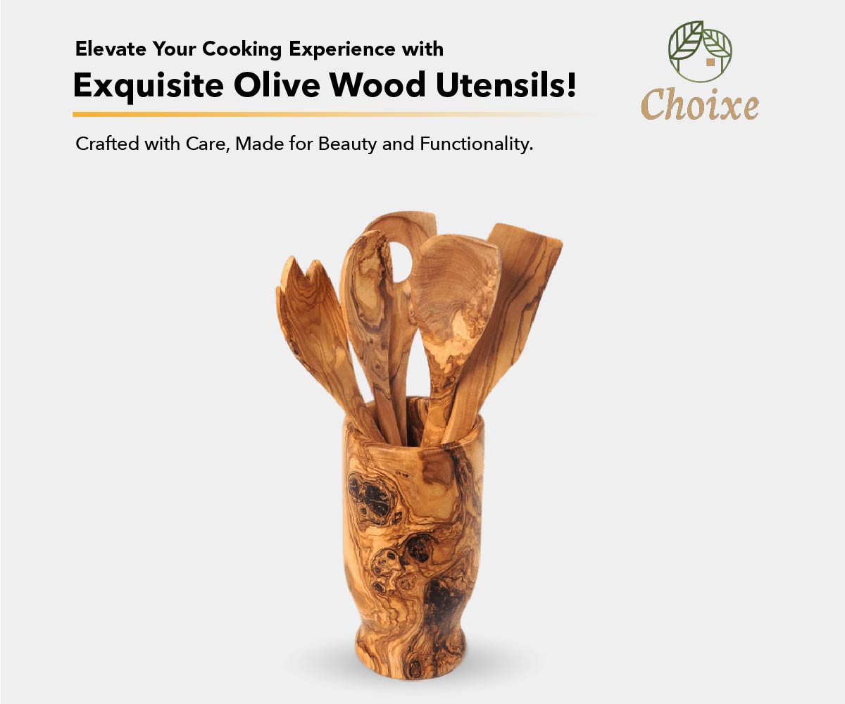 Olive Wood Kitchen Servers Set W/Holder -6 Pcs