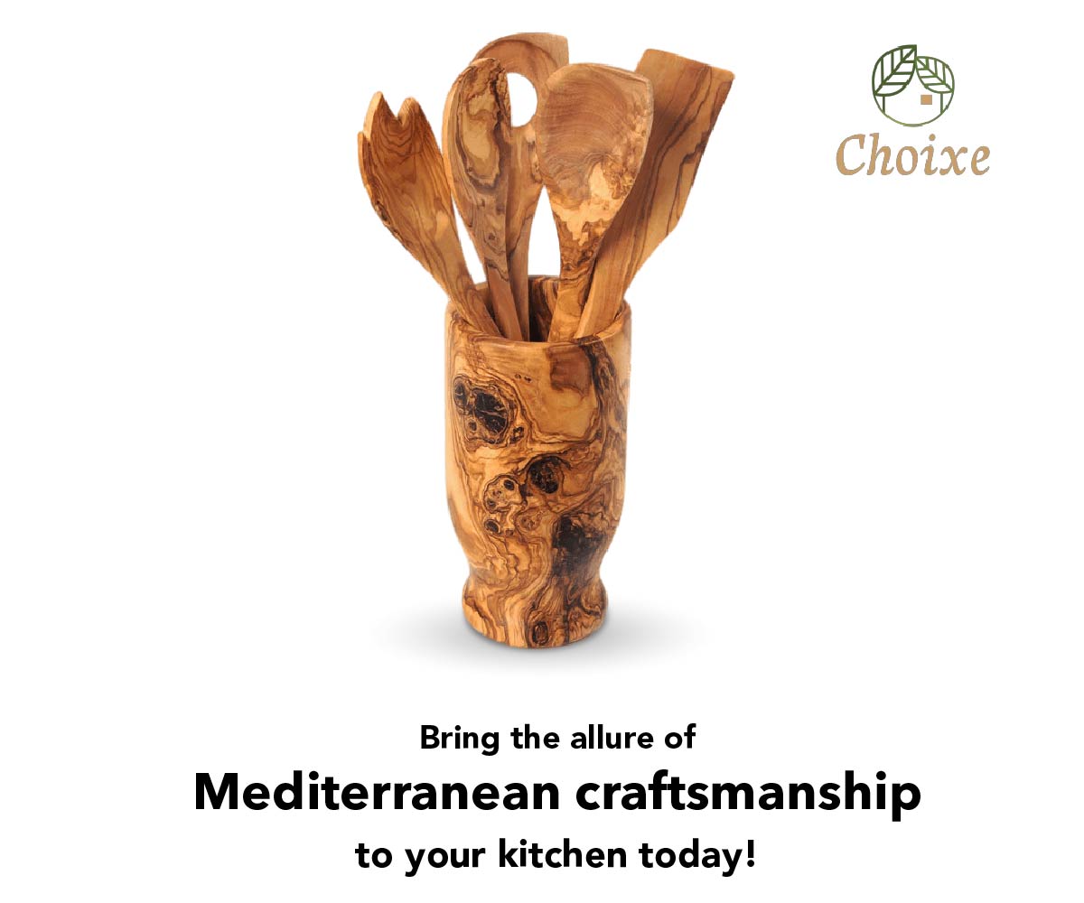 Olive Wood Kitchen Servers Set W/Holder -6 Pcs