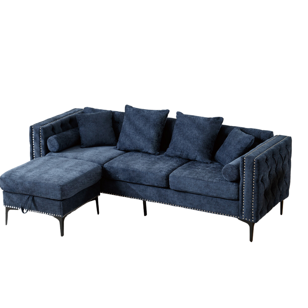 L Shaped Sectional Convertible Sofa With Storage Ottoman and Modern Tufted Style