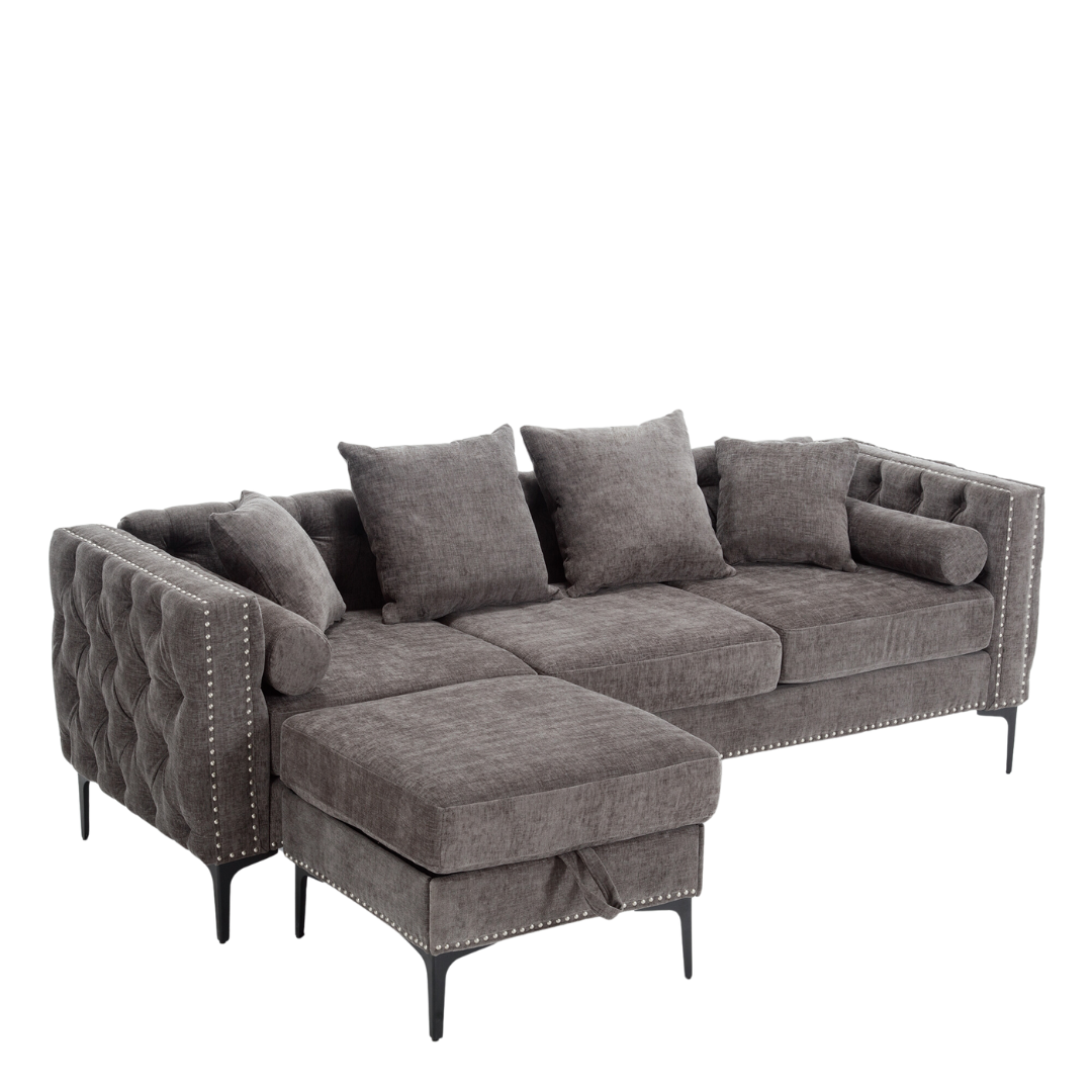 L Shaped Sectional Convertible Sofa With Storage Ottoman and Modern Tufted Style
