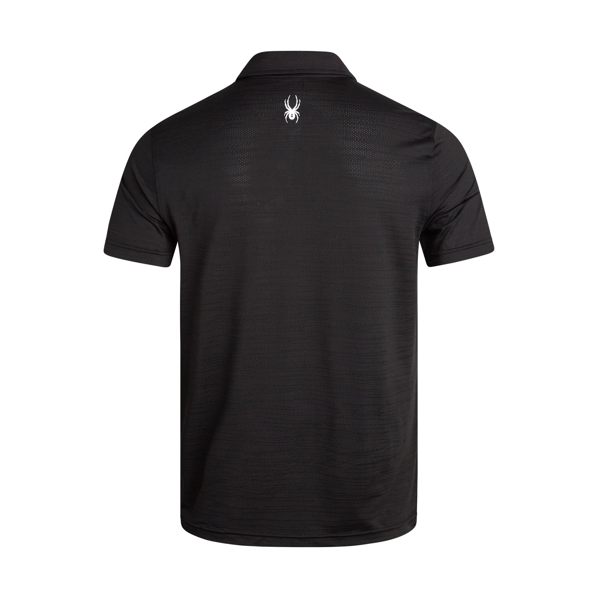 Black polo shirt with a logo on the back against a white background