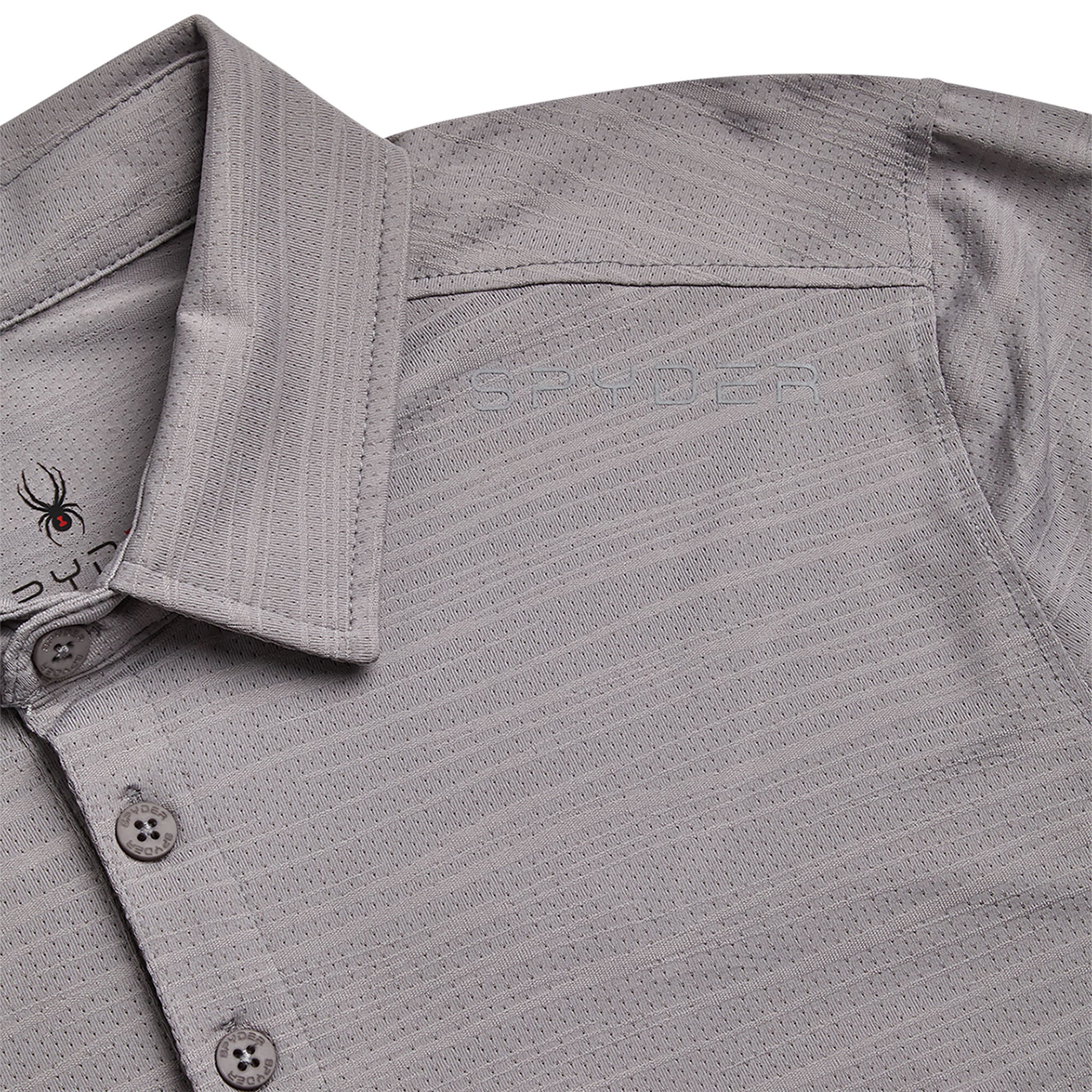 Close-up of a gray polo shirt with collar and buttons on a light gray background