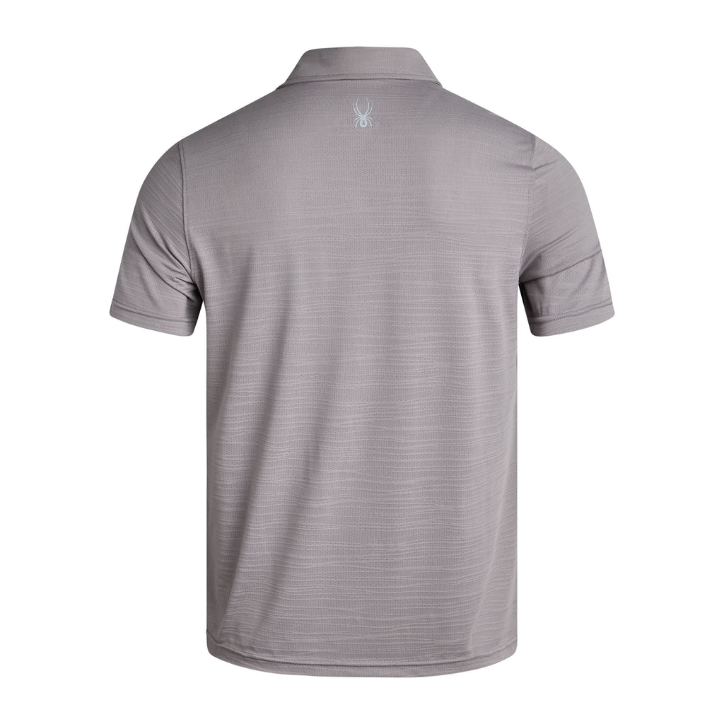 Gray polo shirt with a brand logo on the chest against a white background