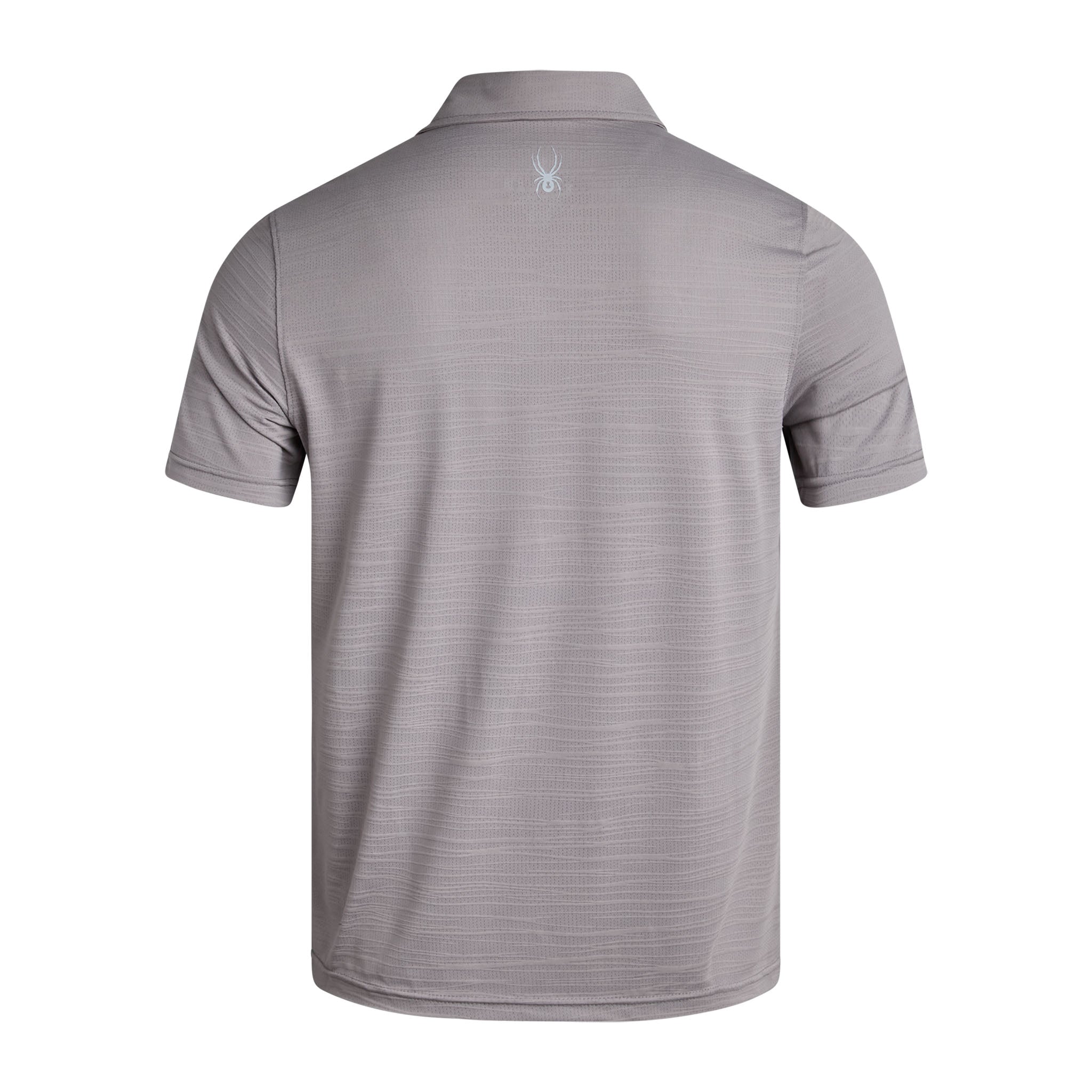 Gray polo shirt with a brand logo on the chest against a white background