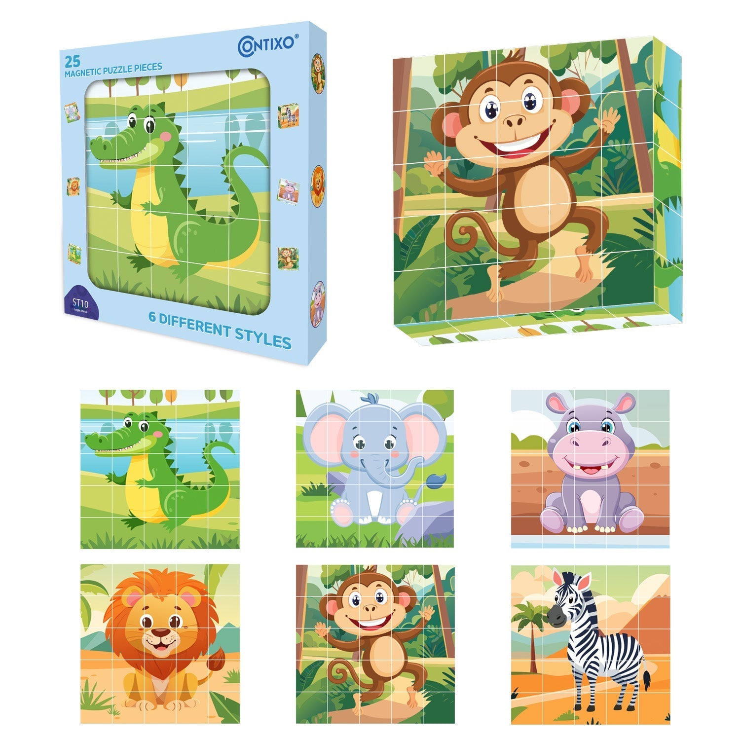 Contixo ST10 25-Piece Magnetic Jungle Animal Puzzle Blocks – 6 Puzzles in One by Contixo