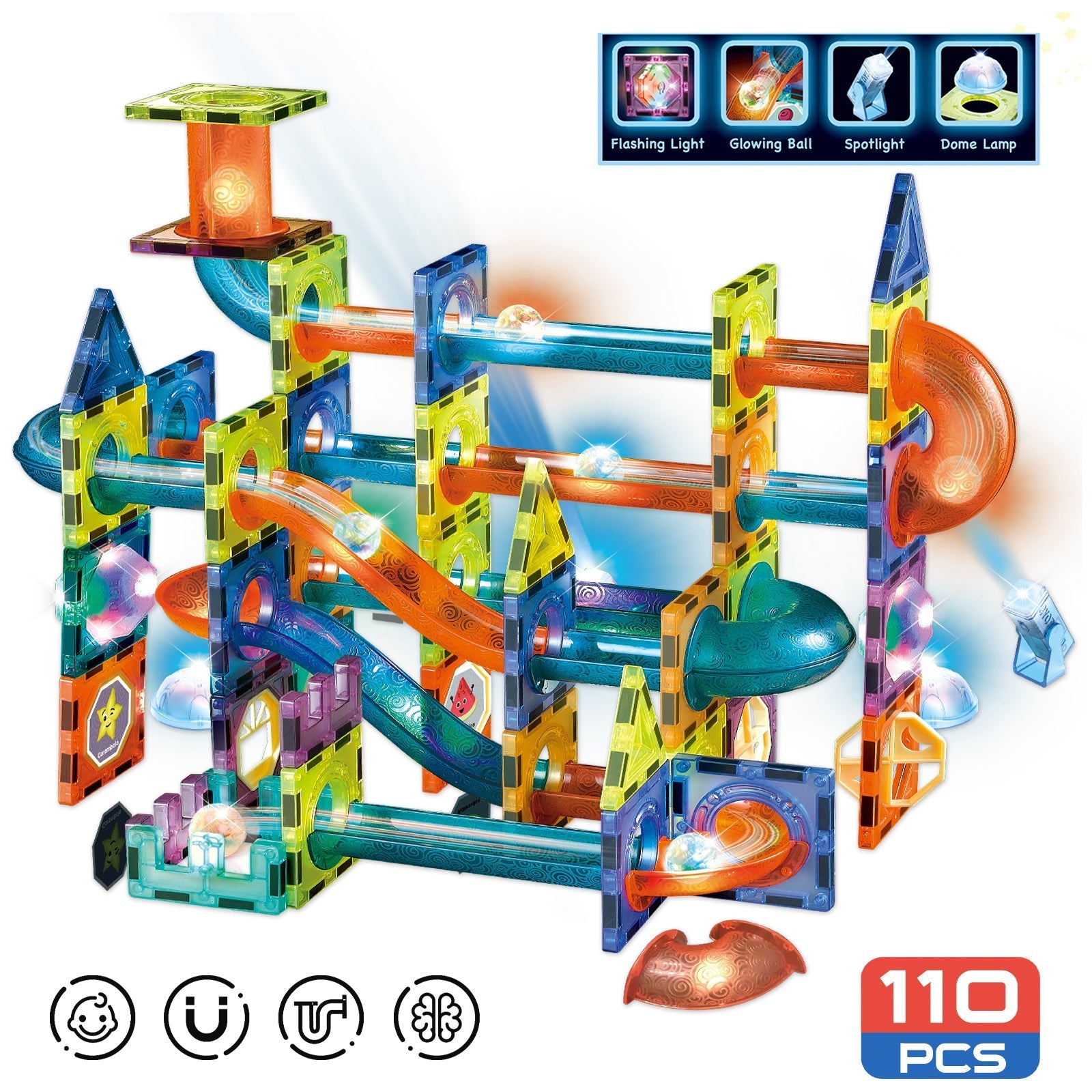 Contixo ST8 Magnetic Light-Up 3D Tiles Building Set - 110 Piece STEM Marble Run Blocks for Kids, Fun Educational Toy for Boys & Girls Ages by Contixo