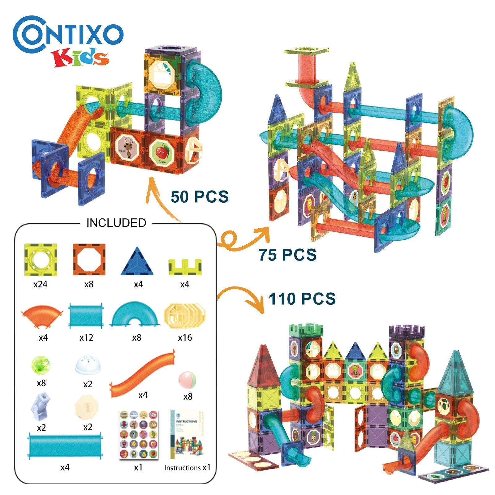 Contixo ST8 Magnetic Light-Up 3D Tiles Building Set - 110 Piece STEM Marble Run Blocks for Kids, Fun Educational Toy for Boys & Girls Ages by Contixo