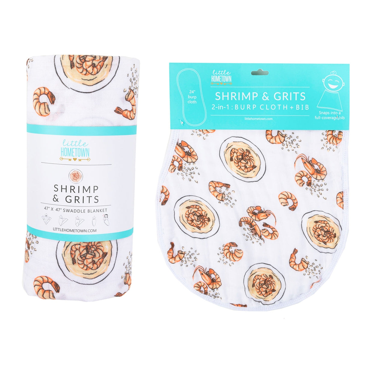 Gift Set: Shrimp'n Grits Baby Muslin Swaddle Blanket and Burp Cloth/Bib Combo