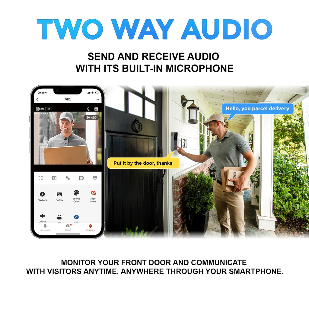 Xodo VD2 Smart Wi-Fi Wireless Video Doorbell with 2K QHD Camera and Chime by Contixo