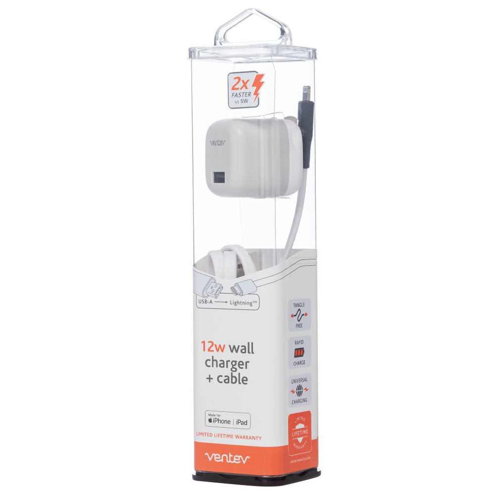 Ventev 12W USB-A Universal Mini Wall Charger and USB-A to Apple Lightning Cable by Ventev