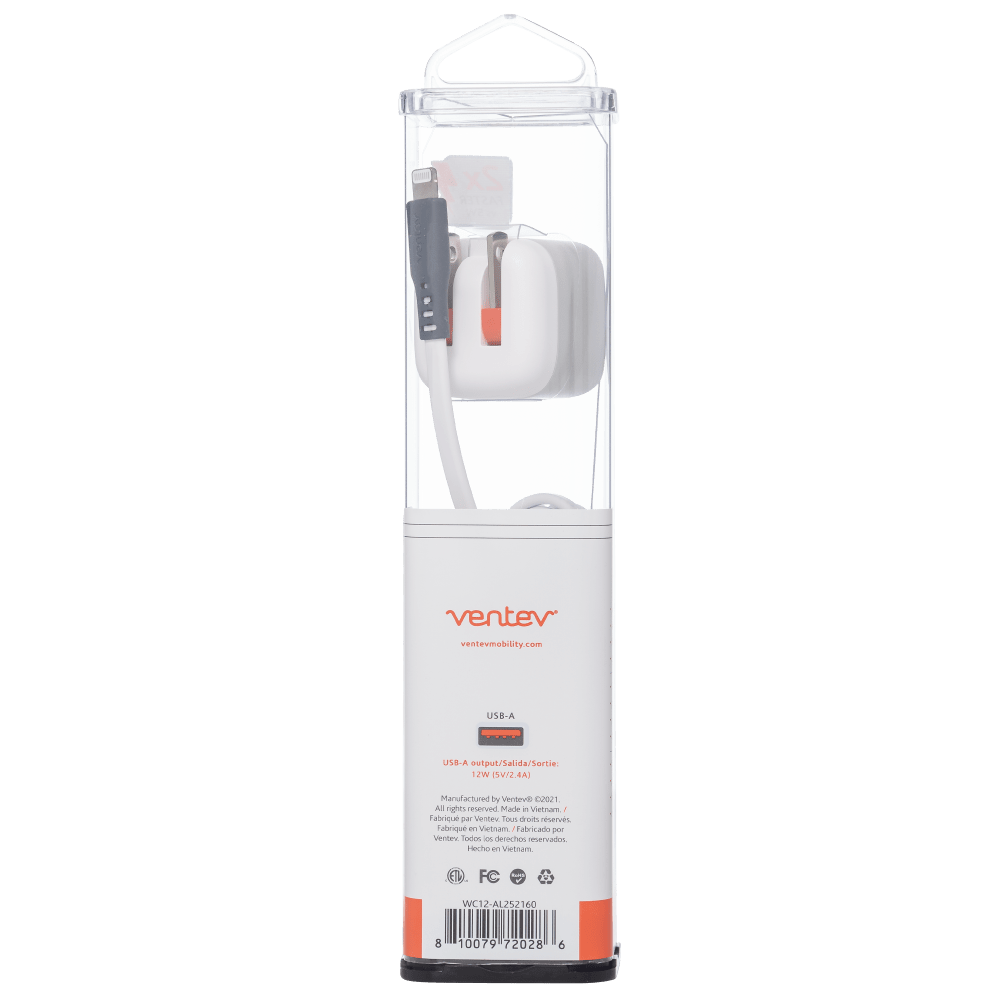 Ventev 12W USB-A Universal Mini Wall Charger and USB-A to Apple Lightning Cable by Ventev