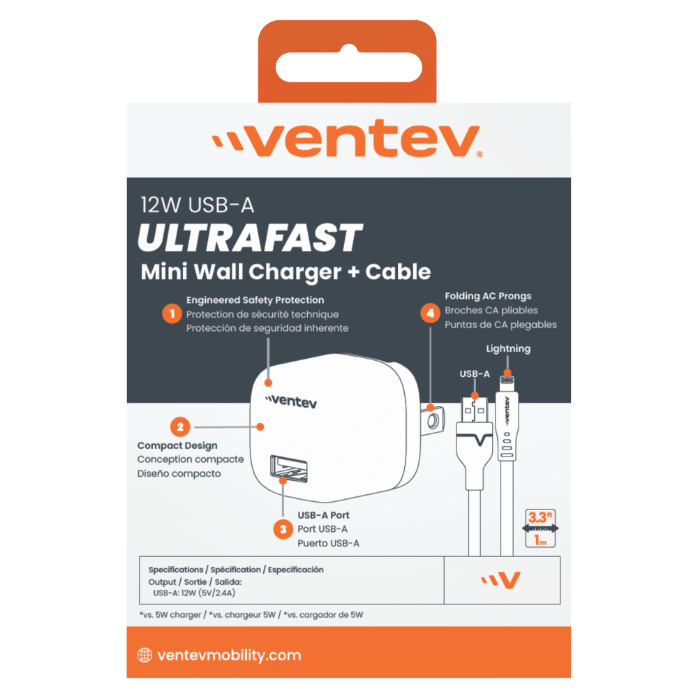 Ventev 12W USB-A Universal Mini Wall Charger and USB-A to Apple Lightning Cable by Ventev