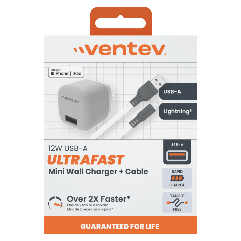 Ventev 12W USB-A Universal Mini Wall Charger and USB-A to Apple Lightning Cable by Ventev