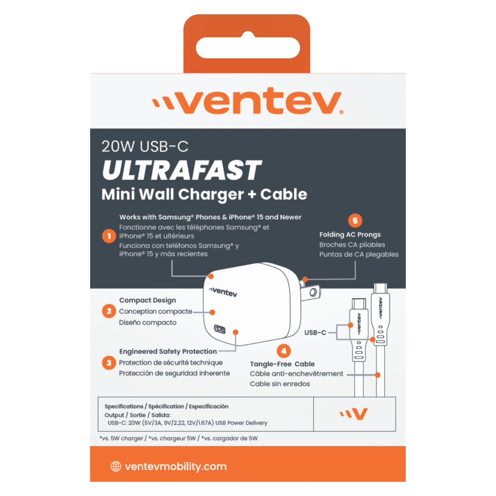 Ventev 20W ULTRAFAST USB-C Universal Mini Wall Charger and USB-C to USB-C High Speed Cable by Ventev