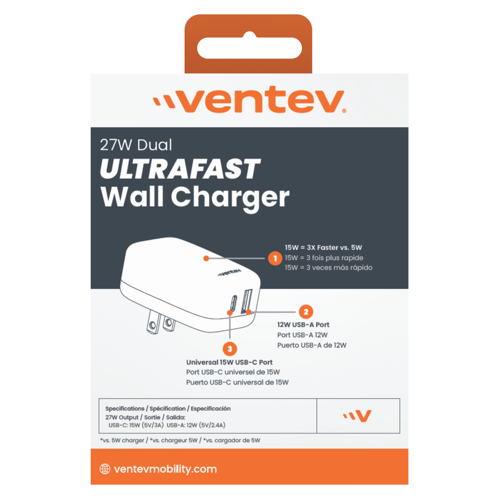 Ventev 27W ULTRAFAST USB C and USB A Dual Universal Wall Charger by Ventev