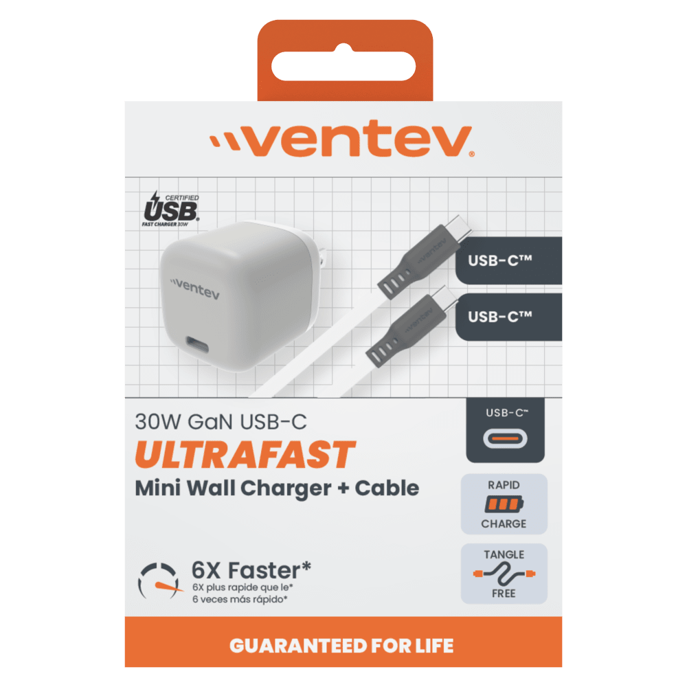 Ventev 30W ULTRAFAST USB-C Mini GaN Wall Charger and USB-C to USB-C Cable by Ventev