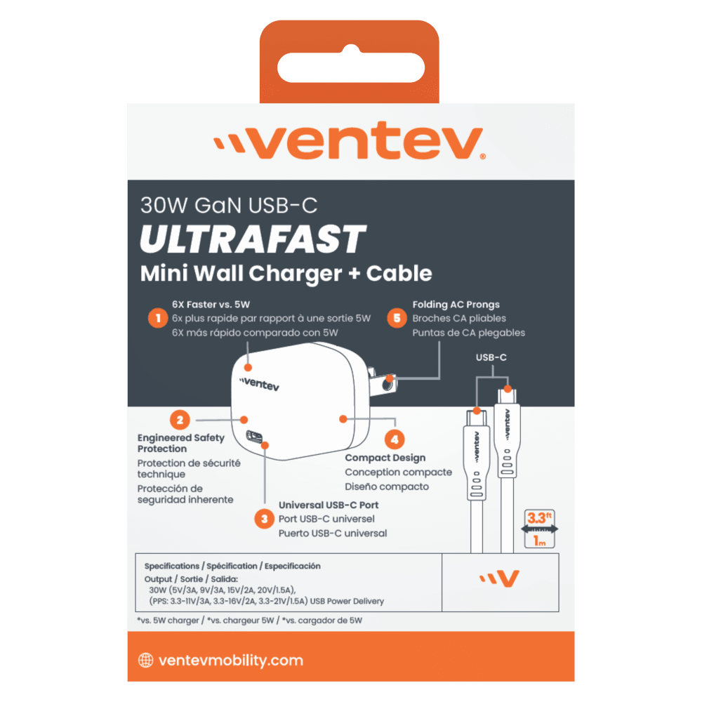 Ventev 30W ULTRAFAST USB-C Mini GaN Wall Charger and USB-C to USB-C Cable by Ventev
