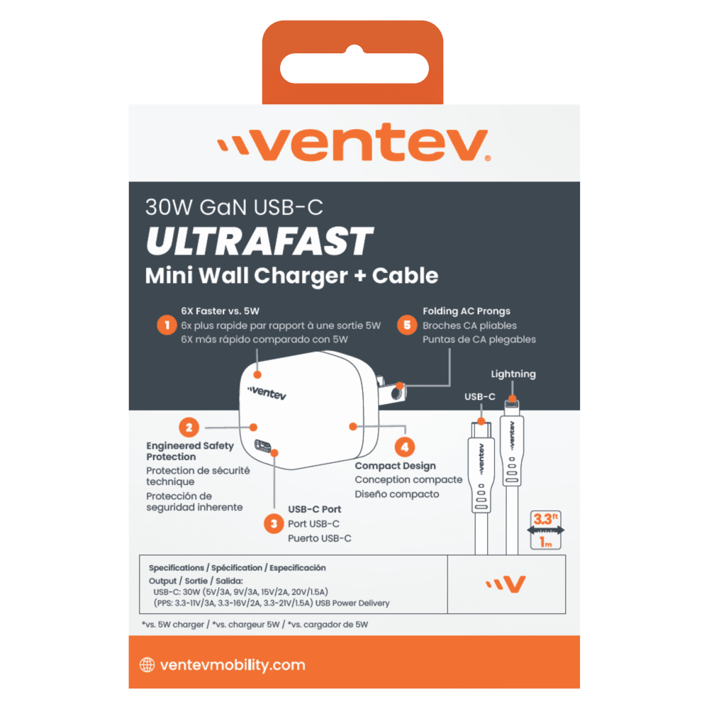 Ventev 30W ULTRAFAST USB-C Mini GaN Wall Charger and USB-C to Apple Lightning Cable by Ventev