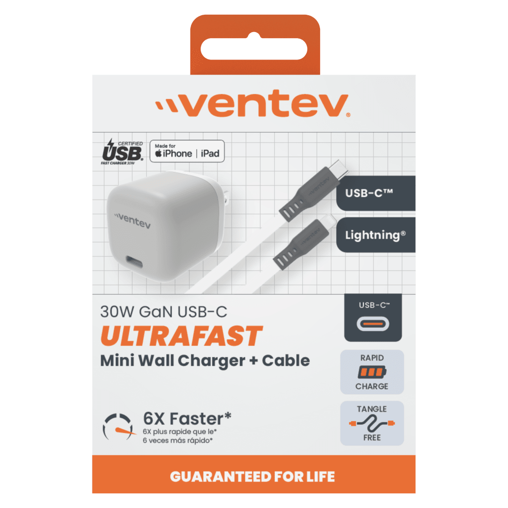 Ventev 30W ULTRAFAST USB-C Mini GaN Wall Charger and USB-C to Apple Lightning Cable by Ventev