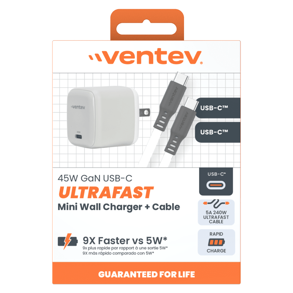 Ventev 45W ULTRAFAST USB-C Universal GaN Mini Wall Charger and 240W USB-C to USB-C Cable by Ventev
