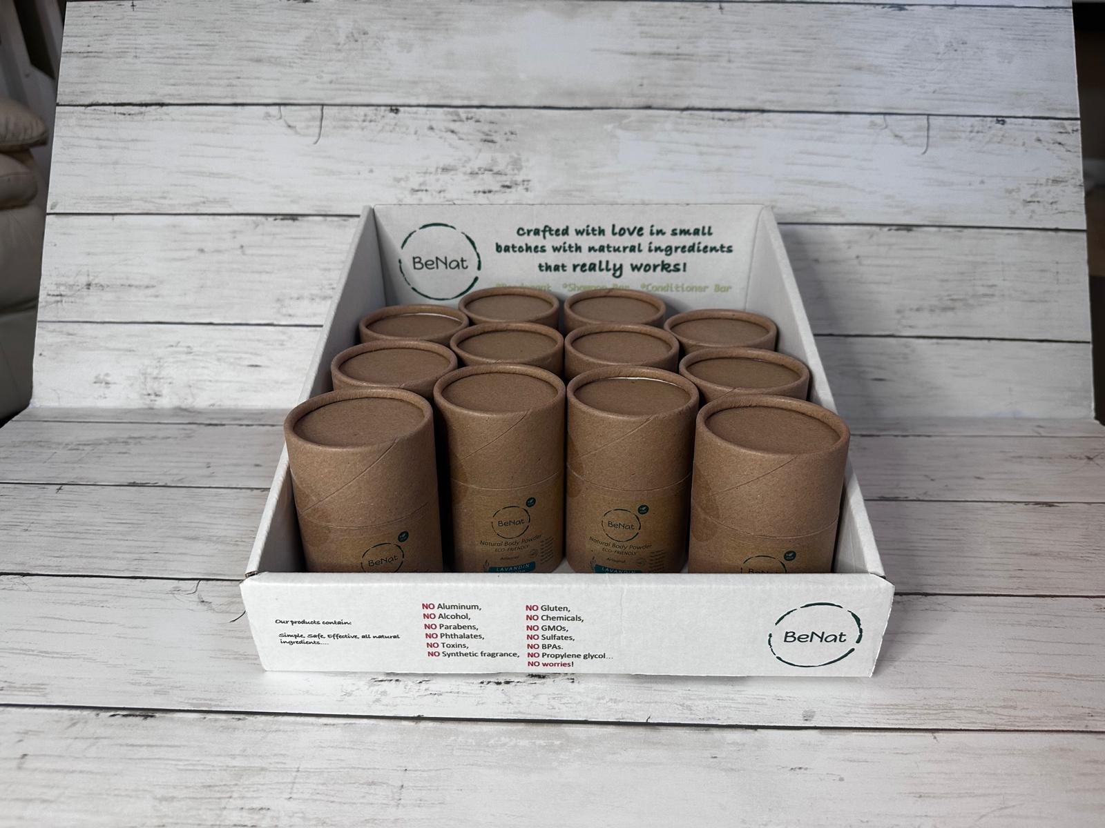 BeNat Eco-Friendly, All-Natural Body Powder Deodorant Retail Display Box