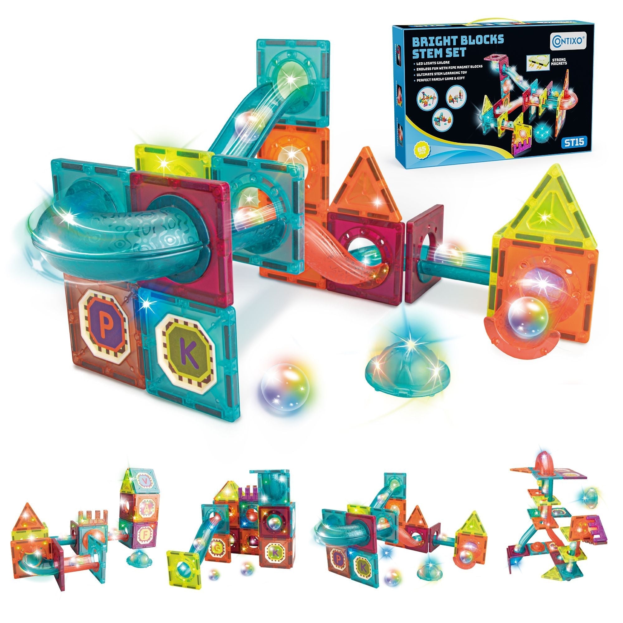 Contixo ST15 65-Piece Marble Track Magnetic Tile Set, Glow-in-the-Dark, STEM Building Blocks for Ages 3+ by Contixo