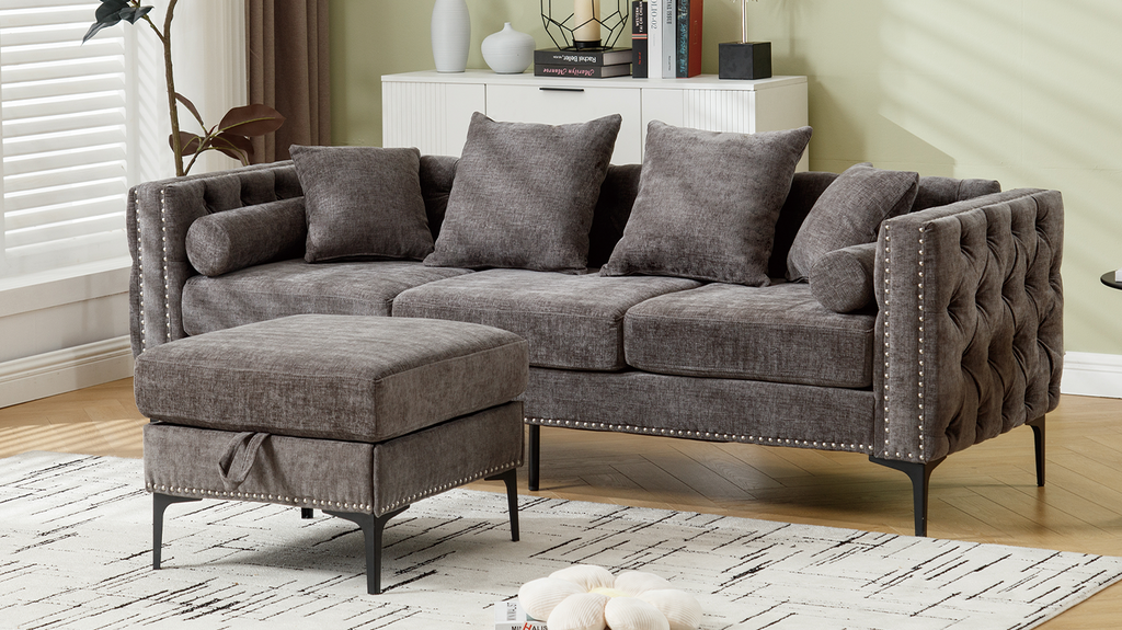 L Shaped Sectional Convertible Sofa With Storage Ottoman and Modern Tufted Style