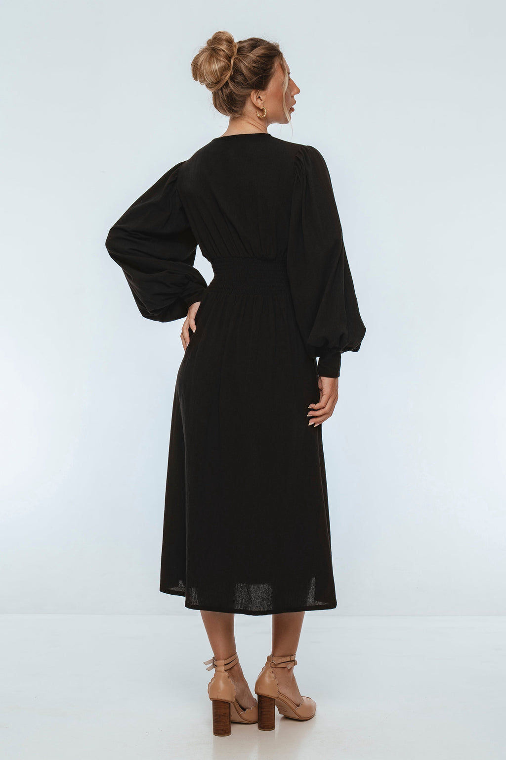 Velvet Sky Long Sleeve Linen Midi Dress