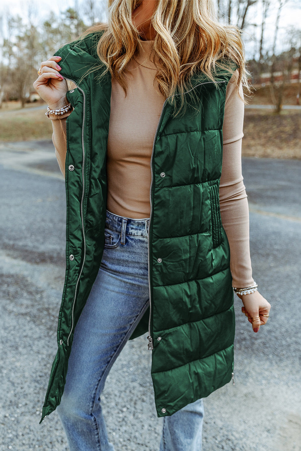 Black Hooded Long Quilted Vest PLUS Coat by Threaded Pear