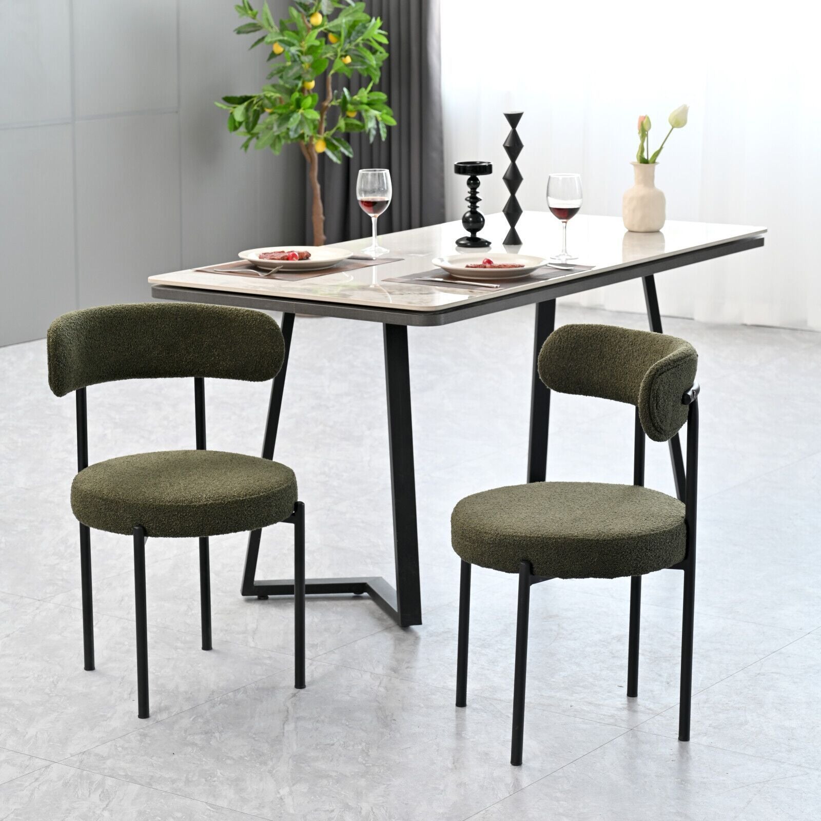 Set of 2 Mid-Century Modern Boucle Dining Chairs