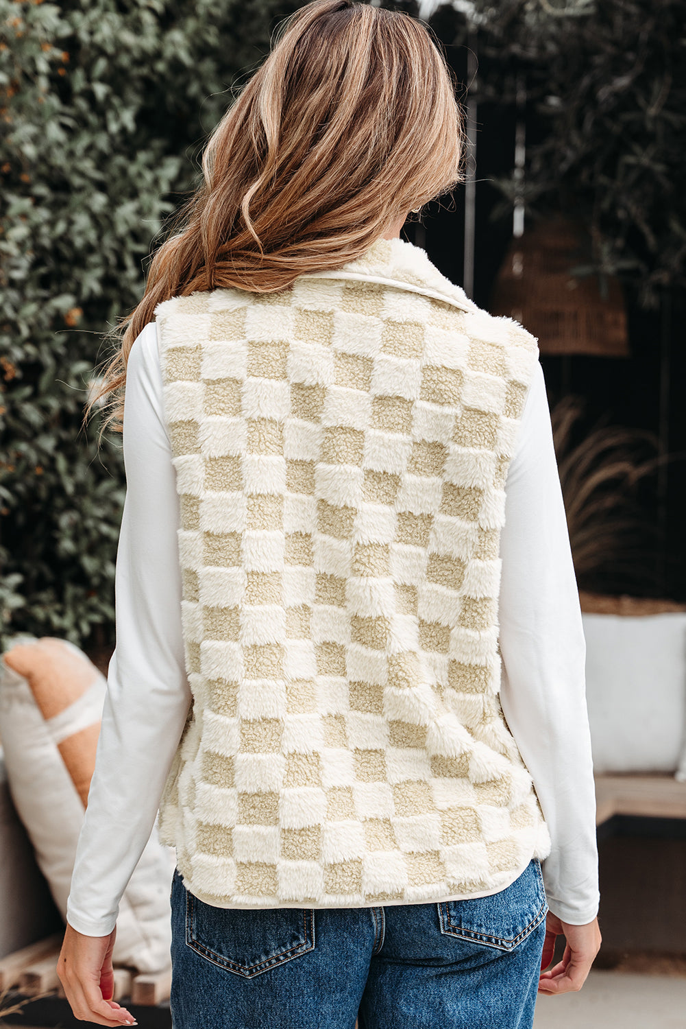 Stevie Sherpa Checkerboard Button Vest With Pocket - Threaded Pear