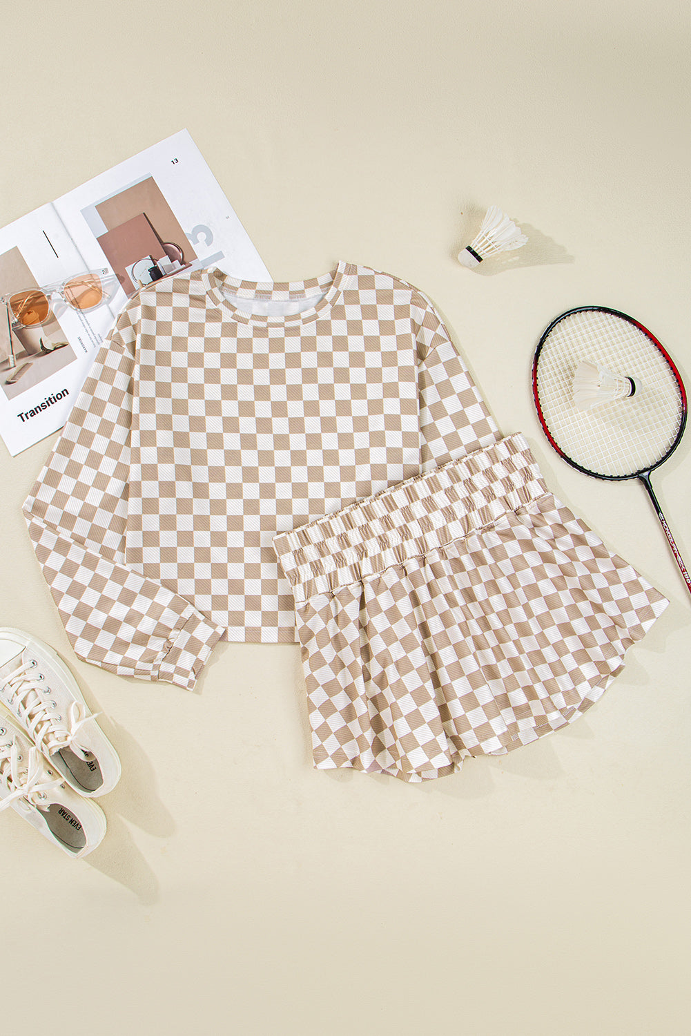 Emily Checkered Long Sleeve High Waist Skort 2pcs Set - Threaded Pear
