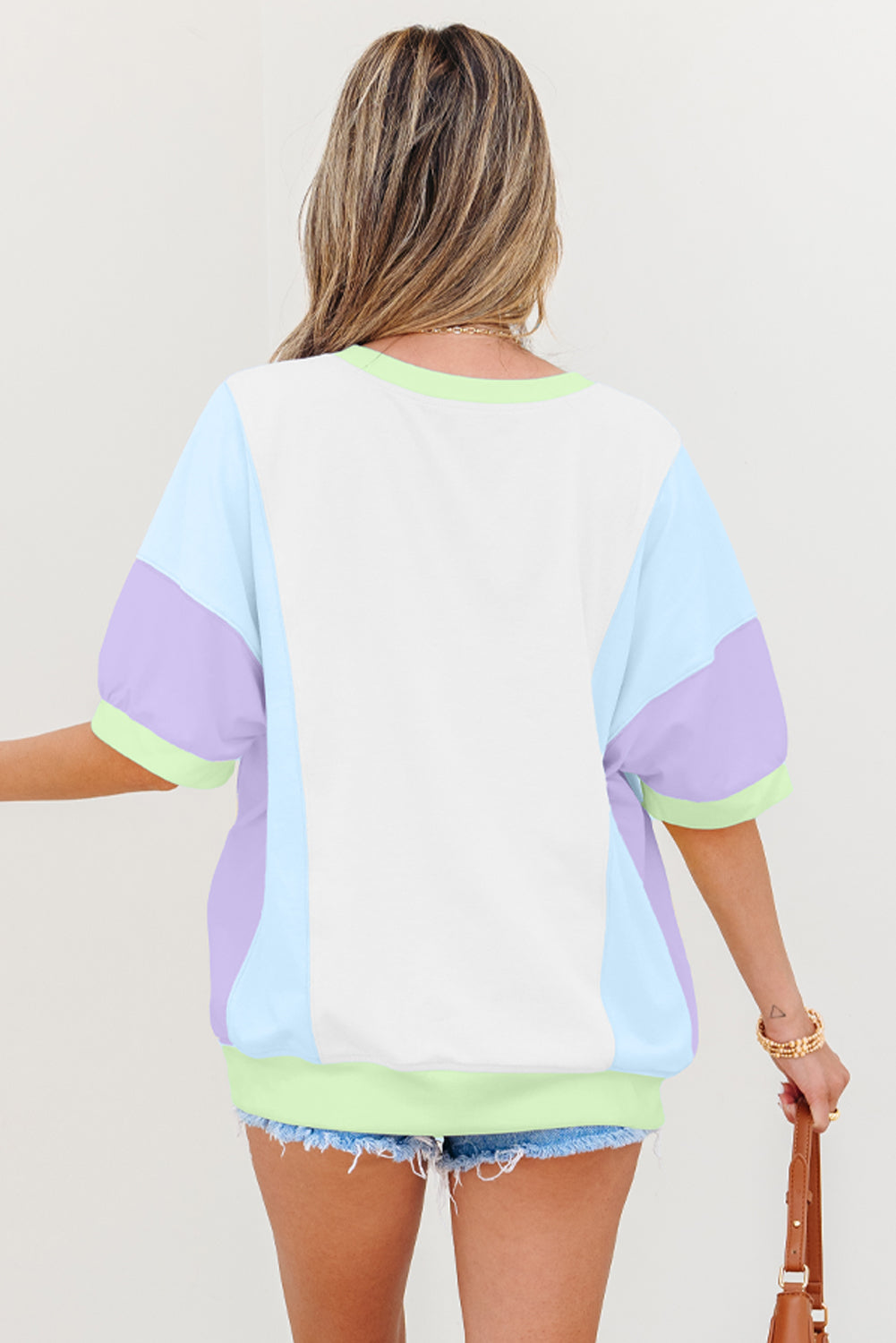 Zoe Patchwork Half Sleeve Oversized Top - Threaded Pear