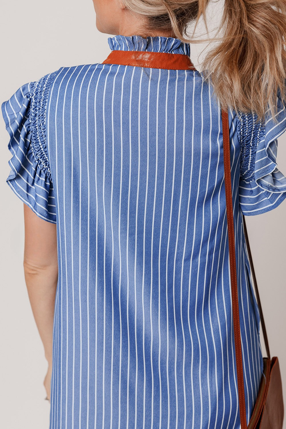 Leah Stripe Frilly Split Neck Shirred Ruffle Sleeve Dress - Threaded Pear